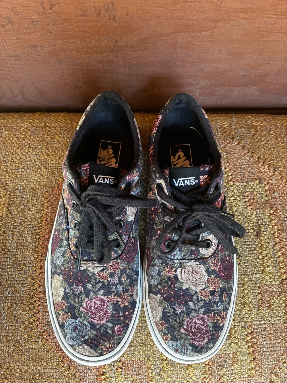 Vans Floral Canvas Low-Top Sneakers in Black with Burgundy and Cream Roses